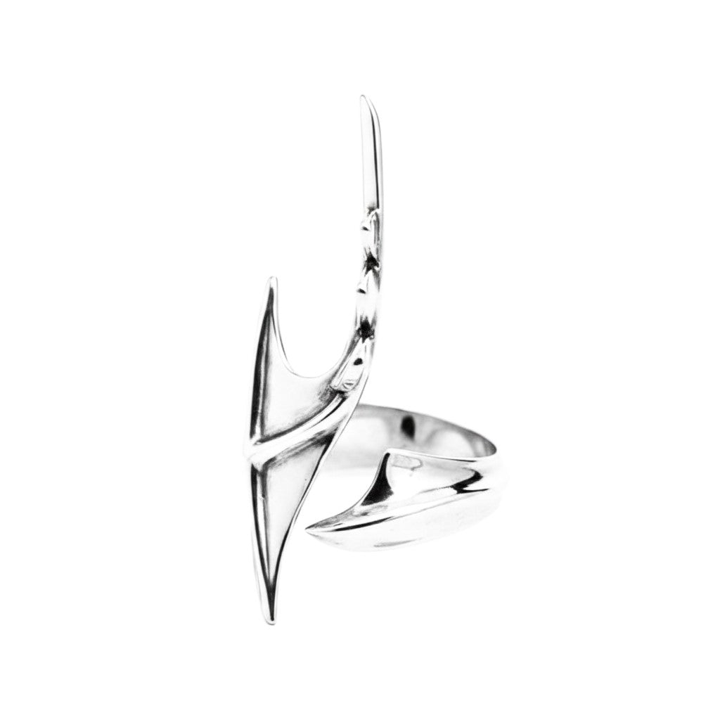 Maniac silver stainless steel irregular ring with a sharp, angular design and a unique, pointed top.