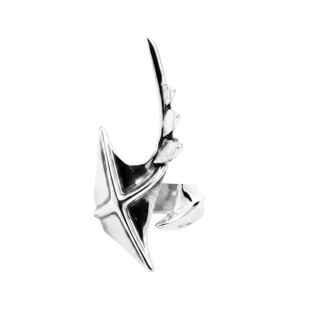 Maniac silver stainless steel irregular ring with a unique, sharp, multi-pointed design.