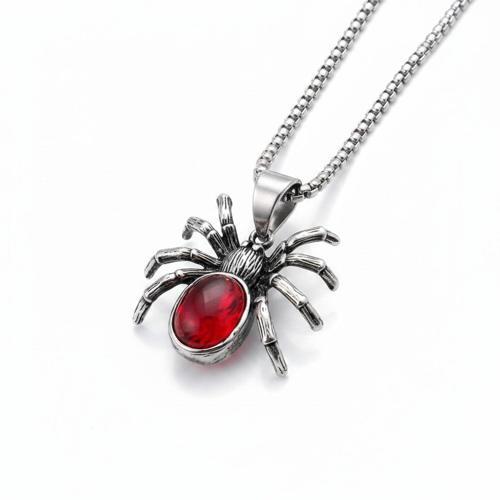 Maniac Men's silver stainless steel necklace with a large red crystal spider pendant. Gothic biker jewelry.