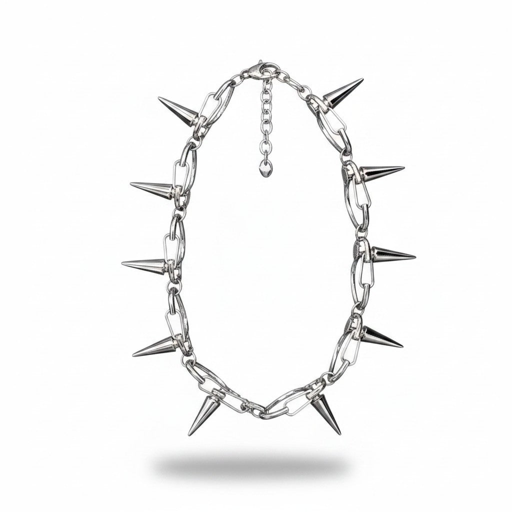 Maniac silver stainless steel chain necklace with sharp cone rivets, gothic punk style for men and women.