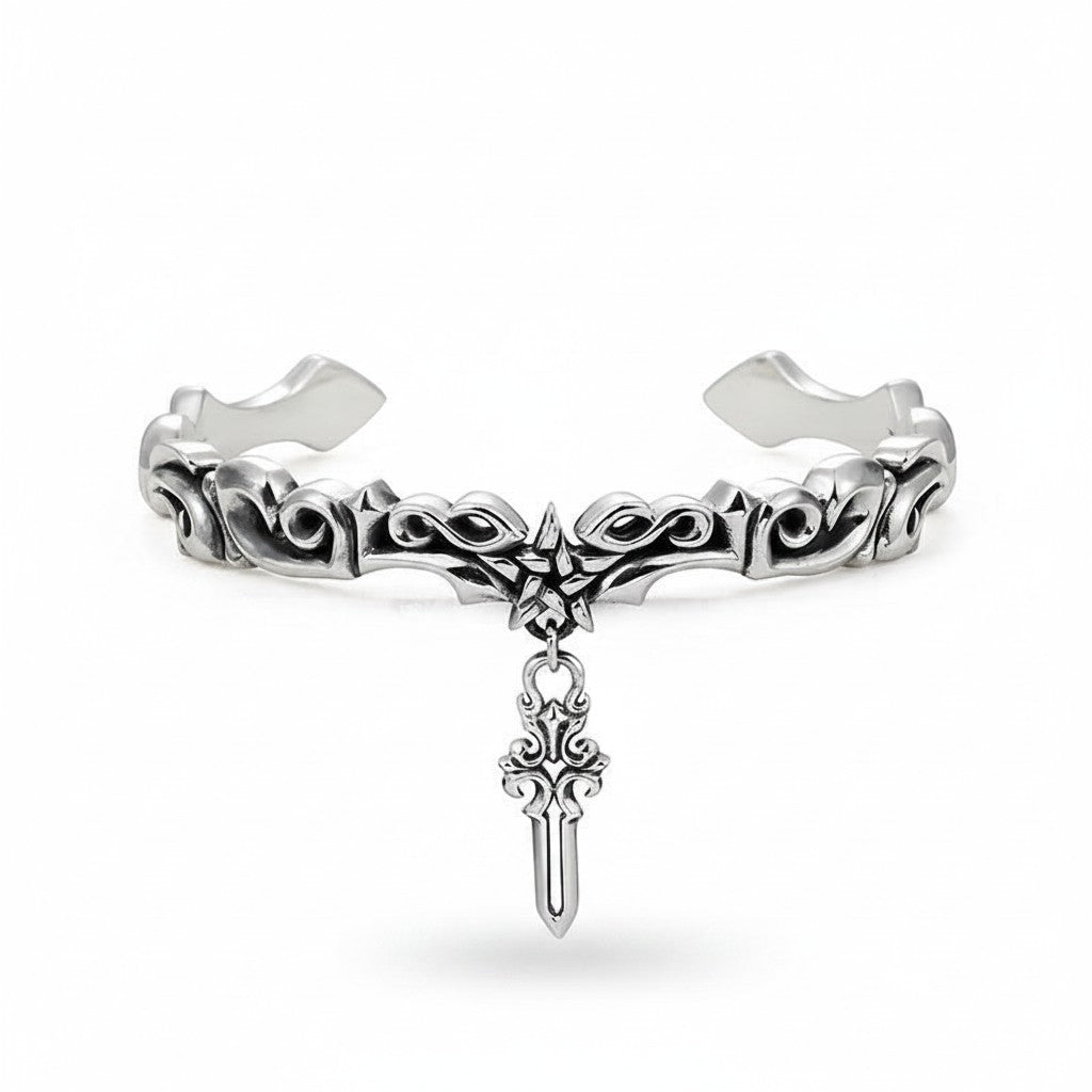 Maniac silver stainless steel vintage vine bracelet with a five-pointed star and sword charm.