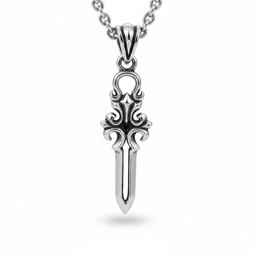 Maniac silver stainless steel vintage vine bracelet with a five-pointed star and sword charm.