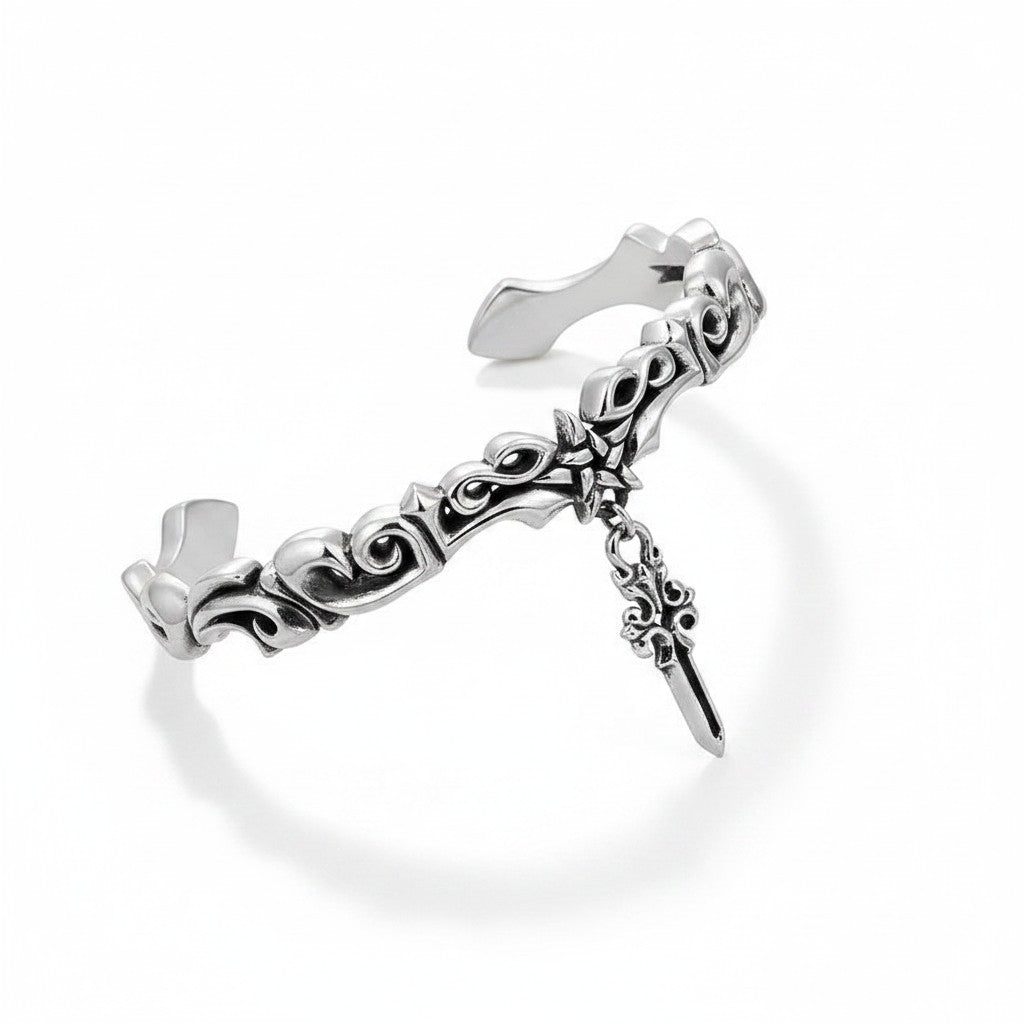 Maniac silver stainless steel vintage vine bracelet with a five-pointed star and sword charm.