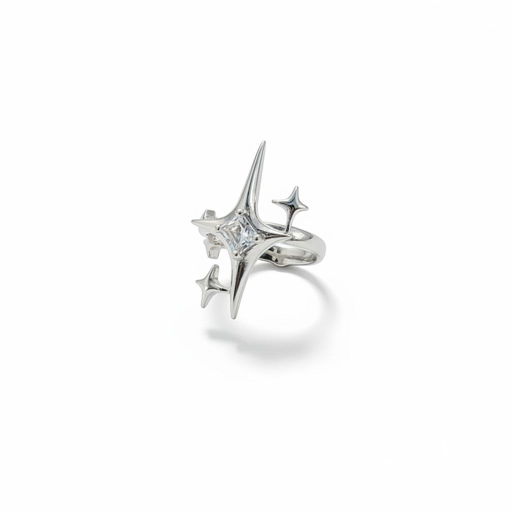 Maniac silver stainless steel ring with a sparkling square-cut diamond and starburst accents. Adjustable opening design.