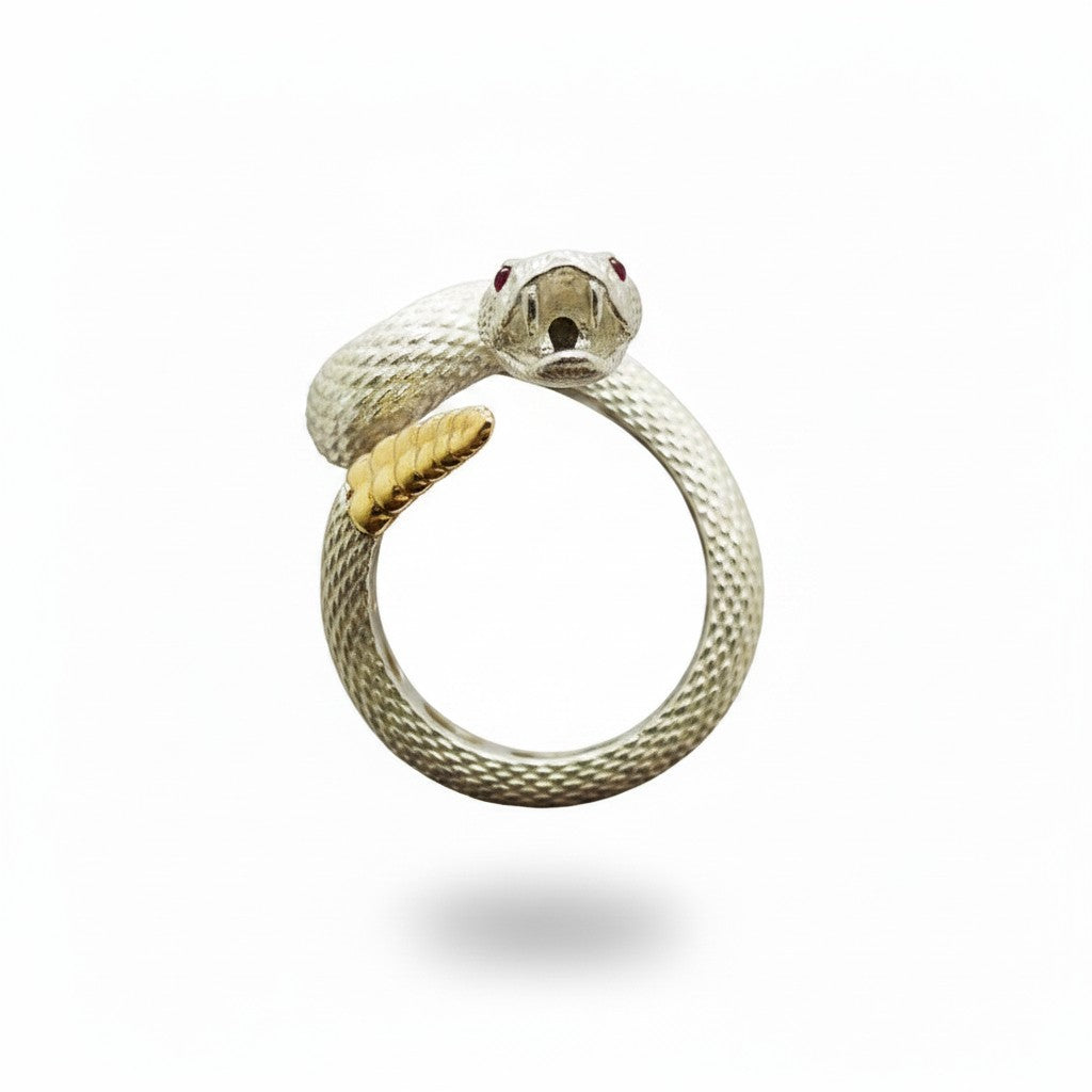 Maniac adjustable stainless steel snake ring with red eyes and gold accents. Gothic punk style.