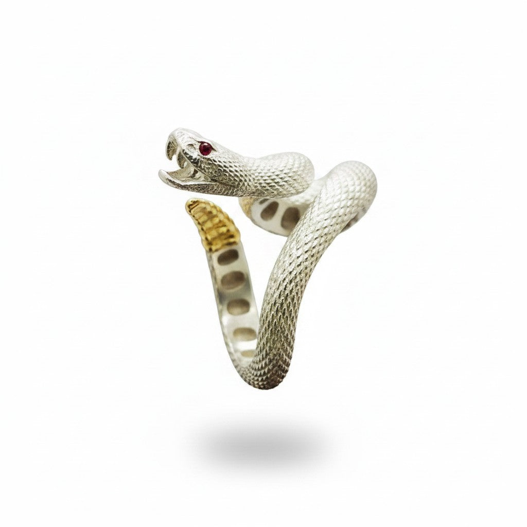 Maniac silver and gold stainless steel adjustable snake ring with red eyes. Gothic punk style.