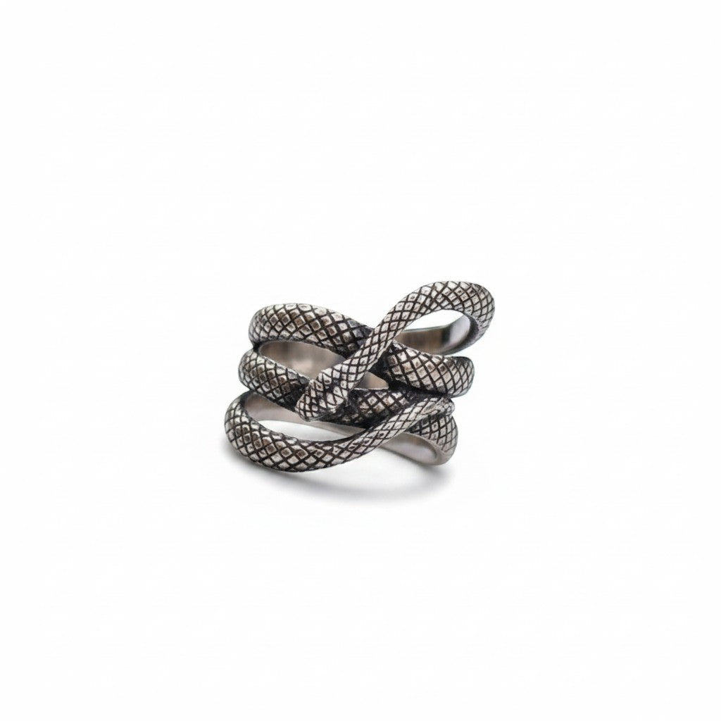 Maniac vintage punk snake ring, silver-tone stainless steel, coiled snake design, gothic accessory.
