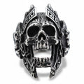 Maniac stainless steel vintage gothic skull ring for men with crown detail and open jaw.