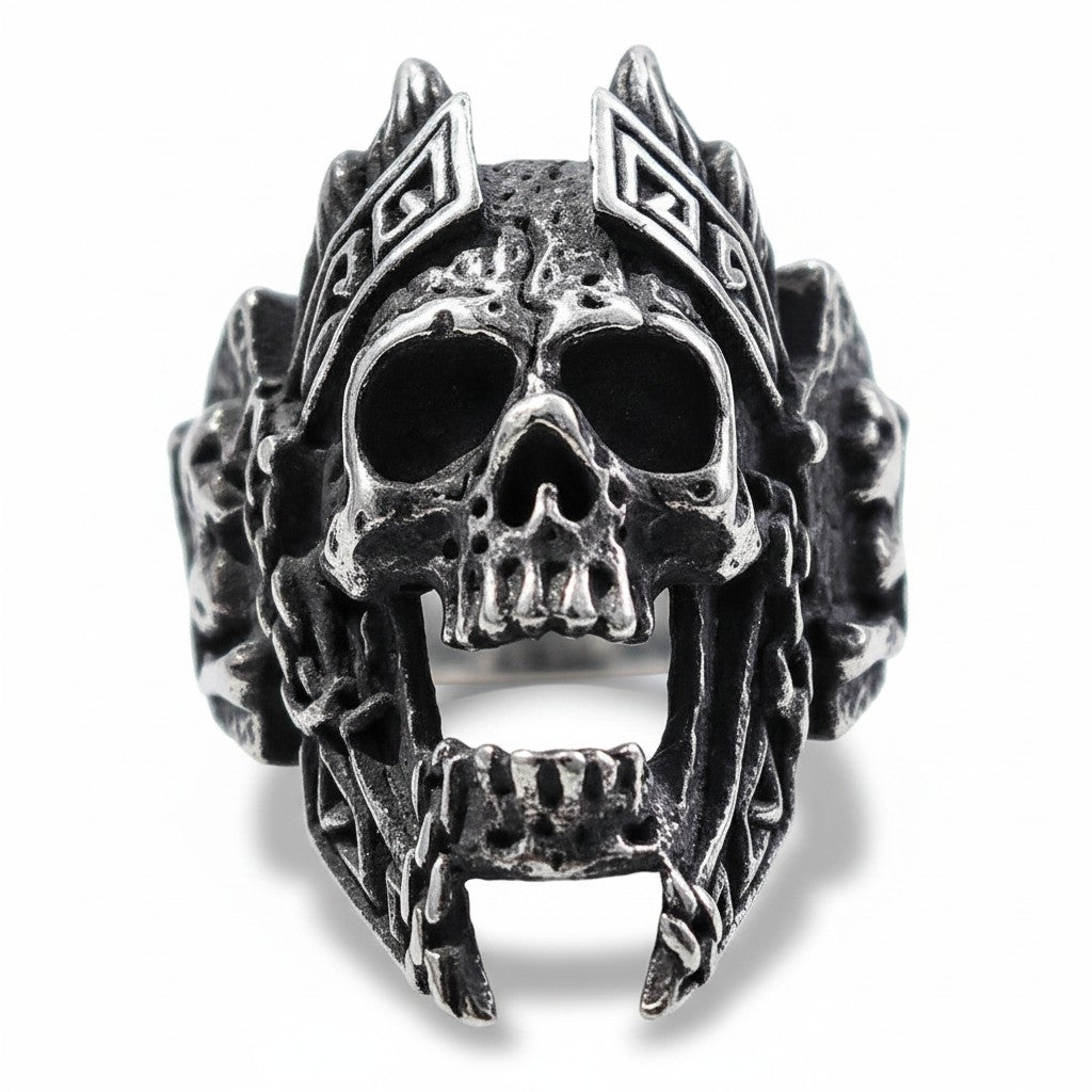 Maniac stainless steel vintage gothic skull ring for men with crown detail and open jaw.