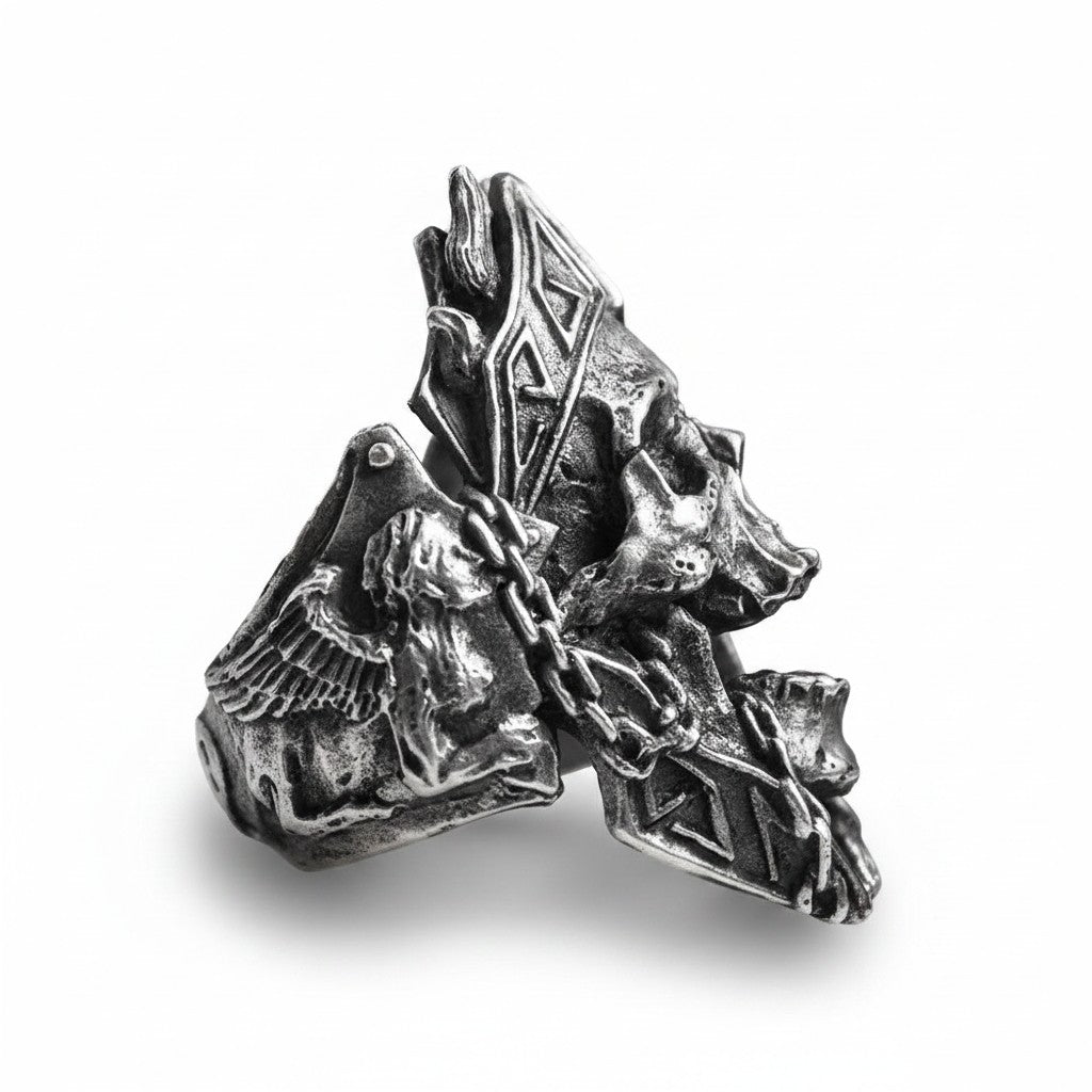 Maniac stainless steel vintage gothic ring for men with wolf and winged figure design.