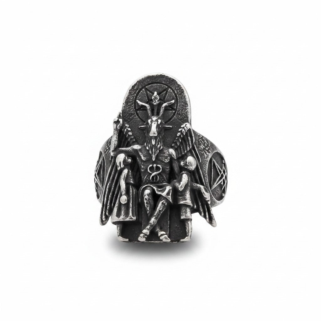 Maniac Steel Warrior stainless steel punk ring with Baphomet and children design.