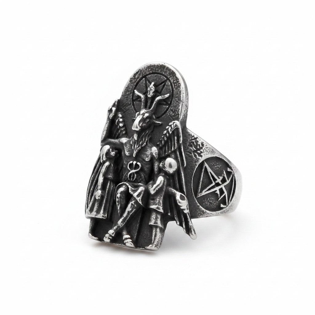 Maniac Steel Warrior stainless steel punk ring with Baphomet and children motif.